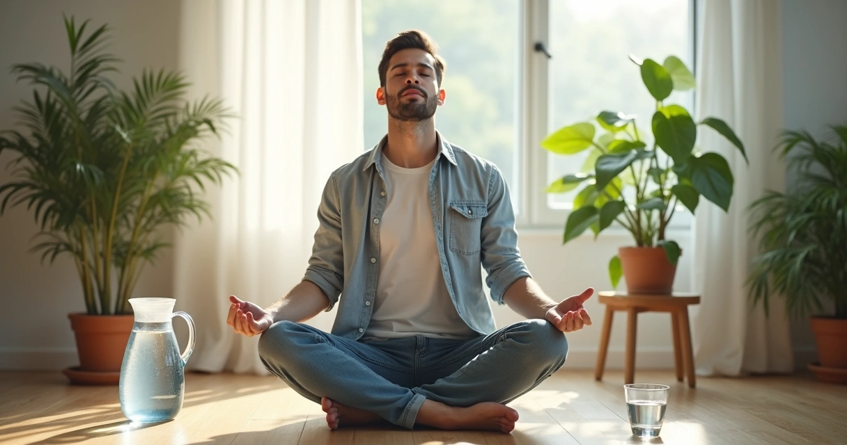 Man drinks water while practicing deep breathing indoors 