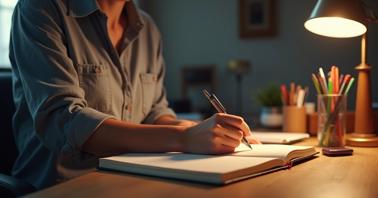 Person sitting at a desk looking thoughtfully at a journal. 