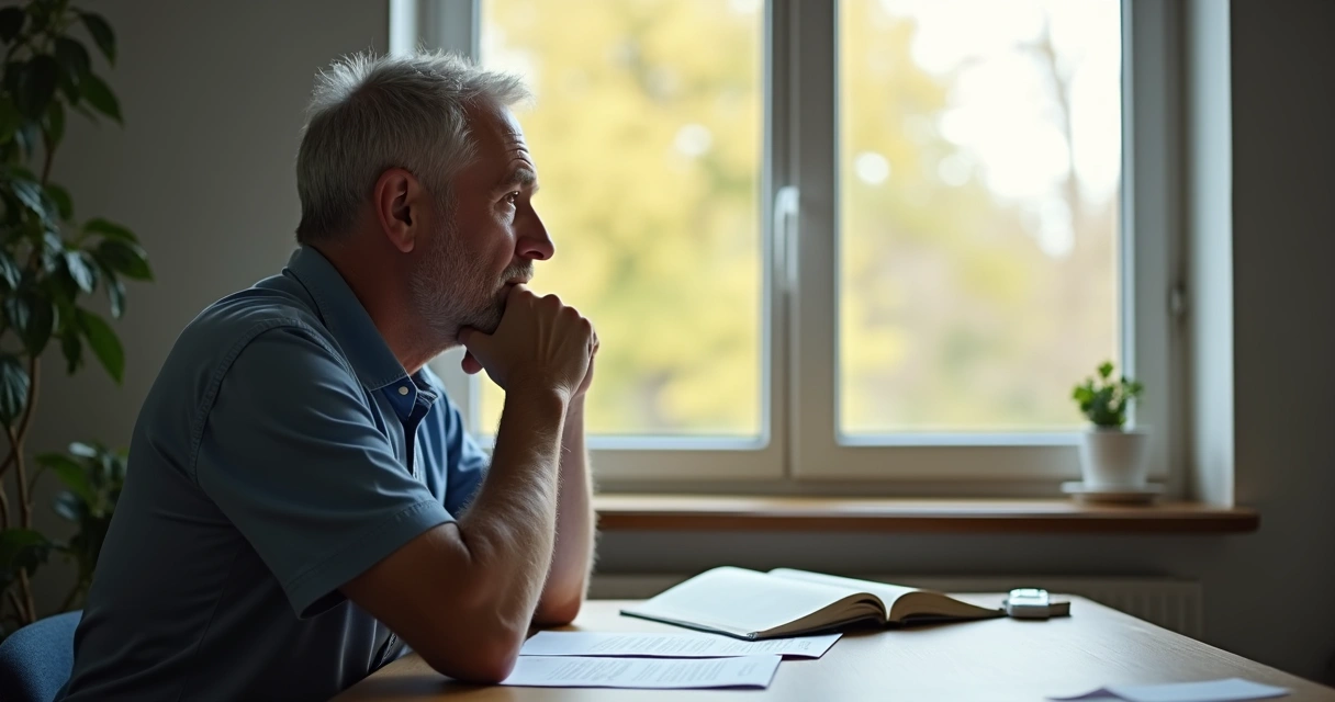 Man reflecting, hand on chin, soft indoor light