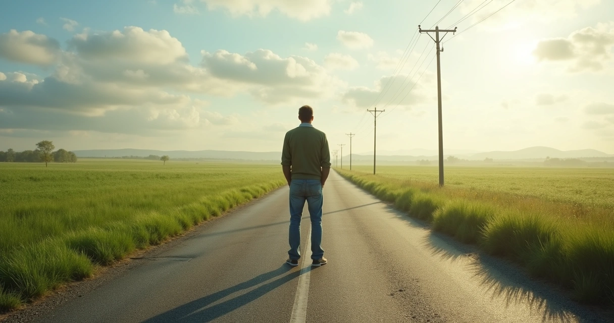 Man standing at a fork in the road considering options