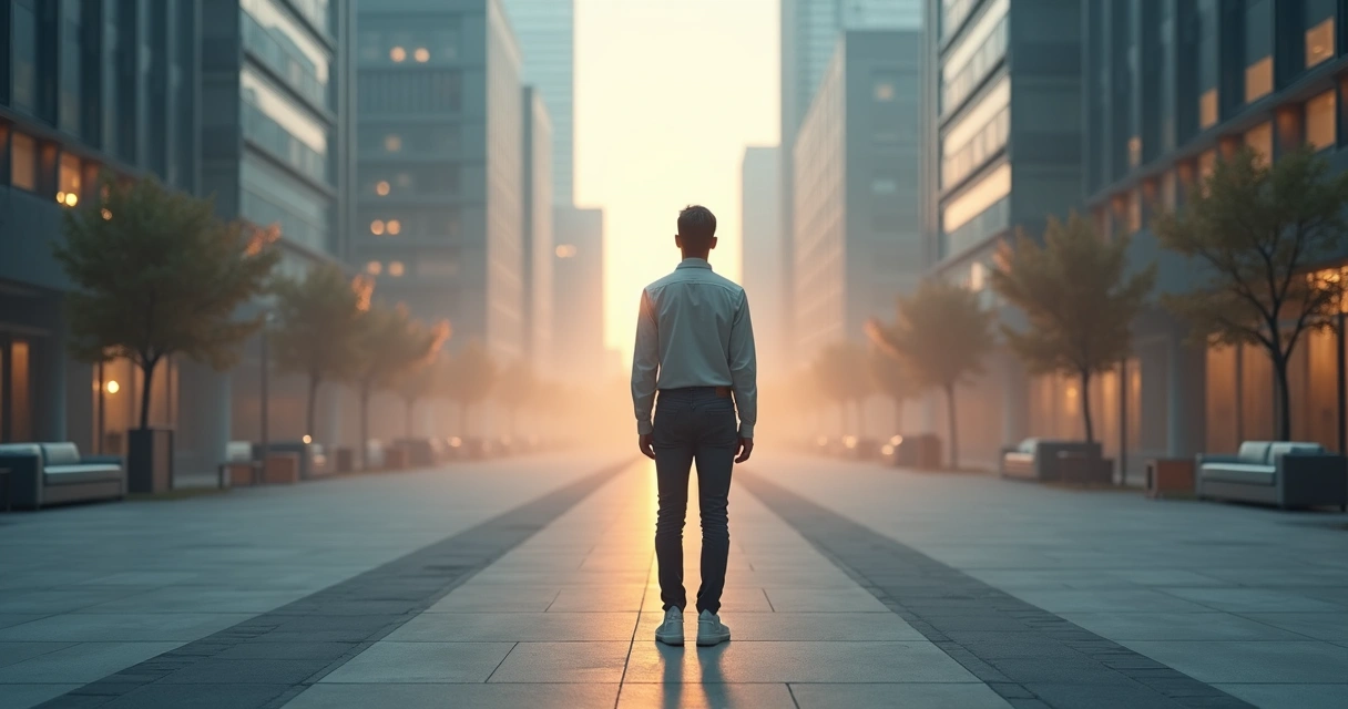 Person standing at a crossroads with three distinct paths in a contemplative urban setting 