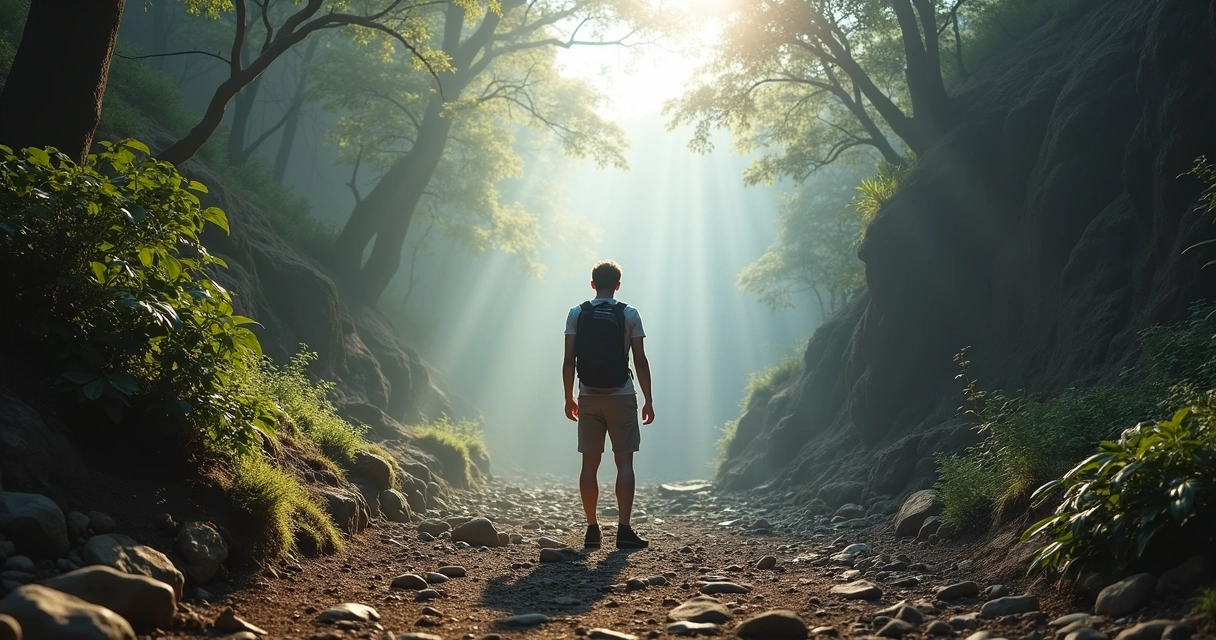 Man pausing at a challenging mountain path