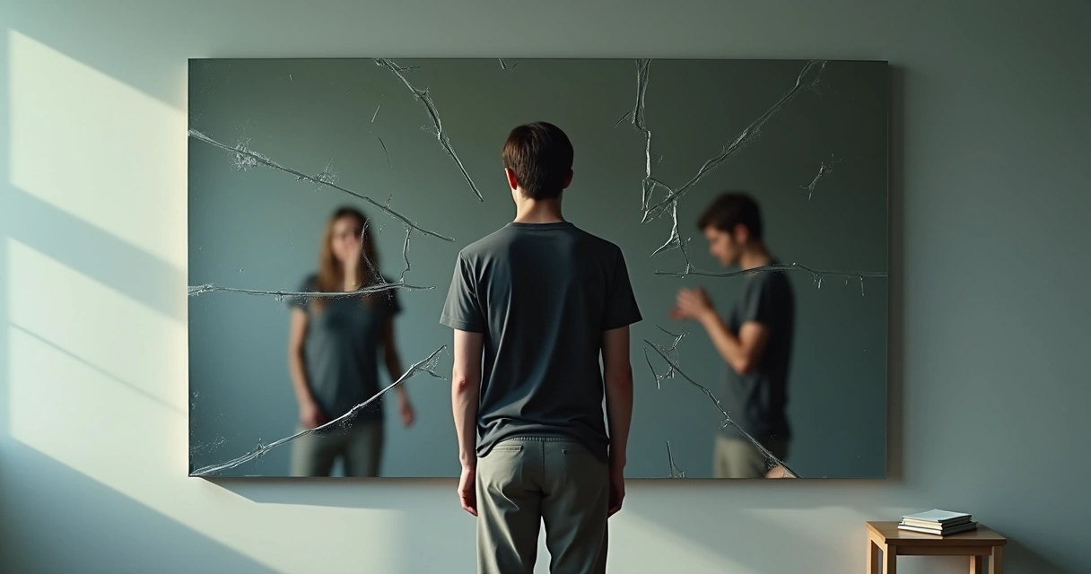Person facing a fractured mirror with multiple reflected selves 
