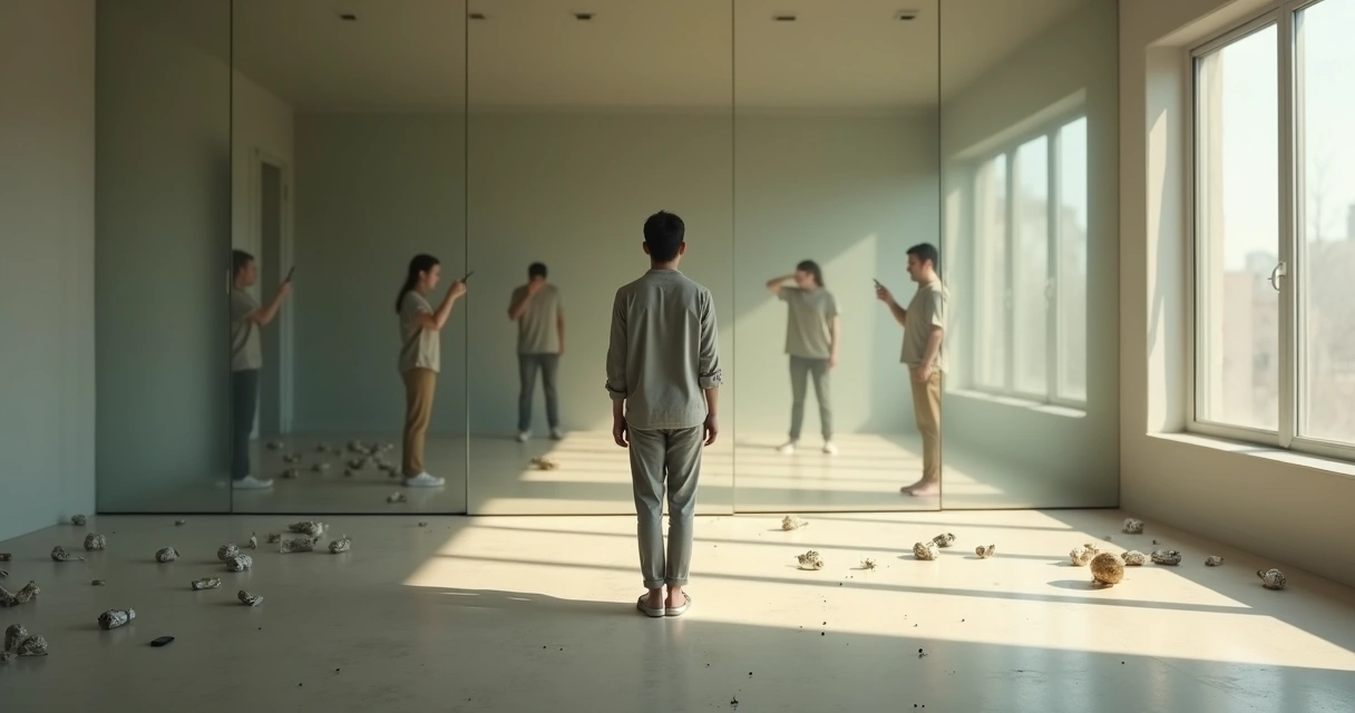 Person standing between light and shadow facing multiple mirrored reflections 