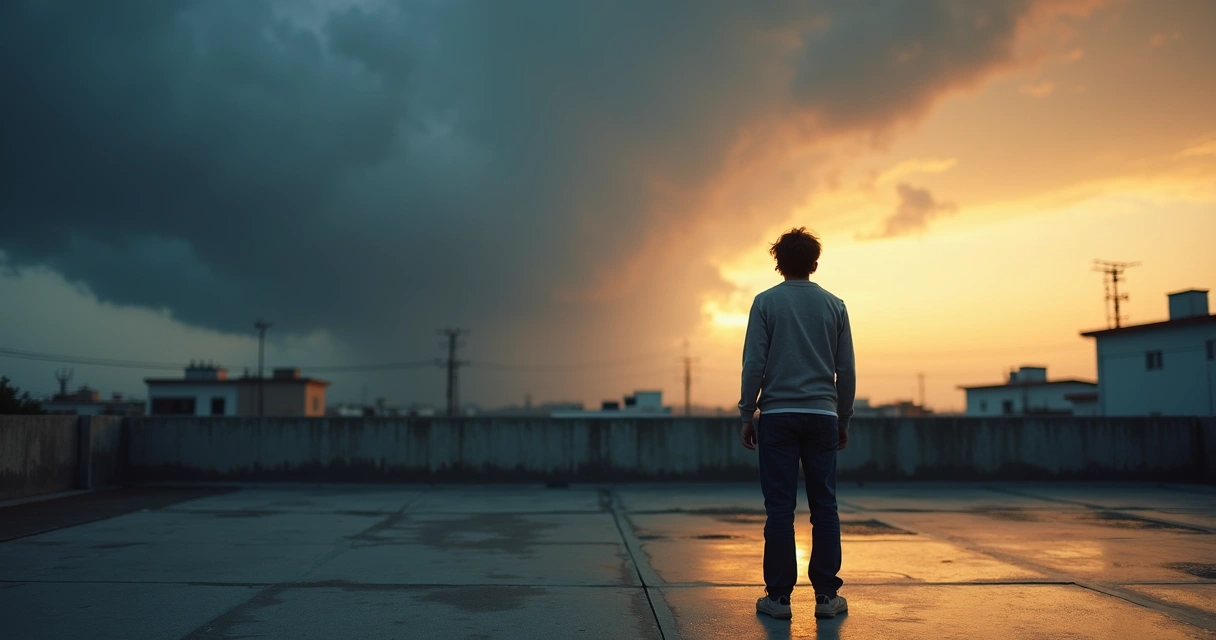 Person on rooftop facing dark storm and warm light horizon 