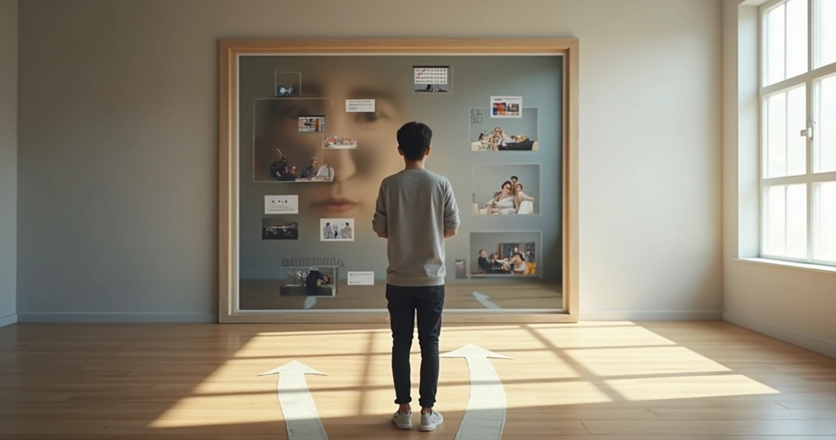 Person facing mirror with multiple paths behind them 