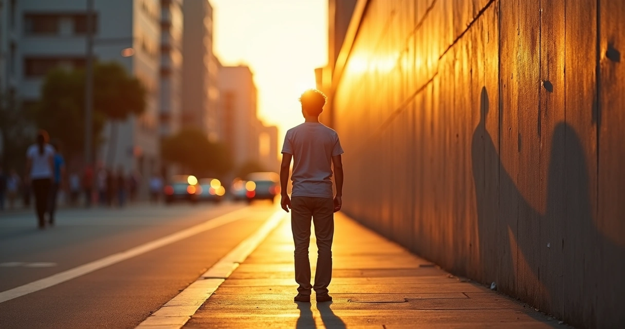 Person facing their own shadow reflection on a city wall at sunset 