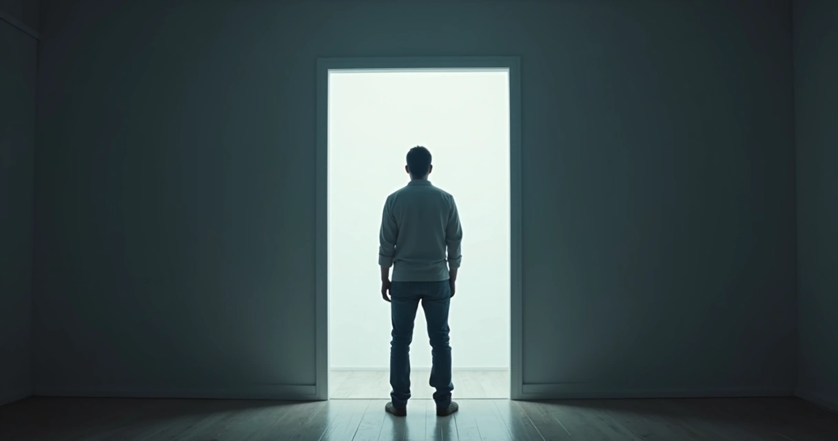 Person facing their own shadow silhouette in a doorway 