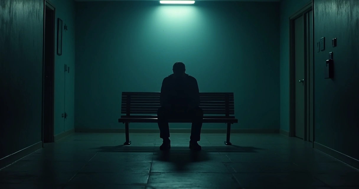 Man sitting alone on a bench in a dimly lit room, looking down. 