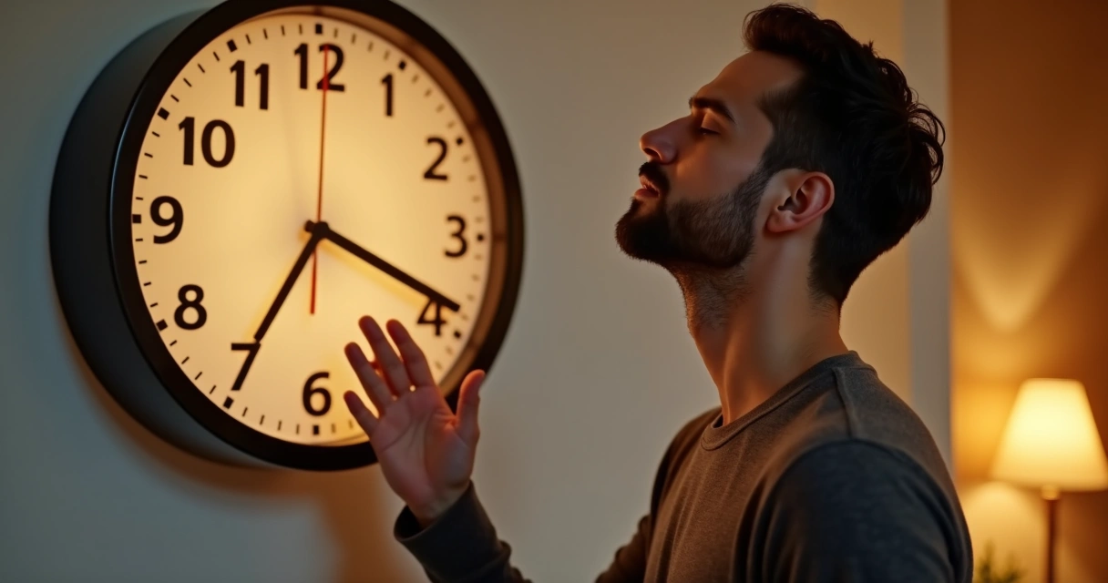 Man with hand on wall clock focusing on his breath 