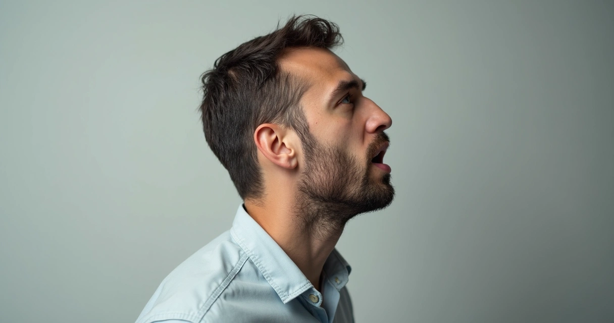 Side view of a man with puffed cheeks holding his breath, neutral background