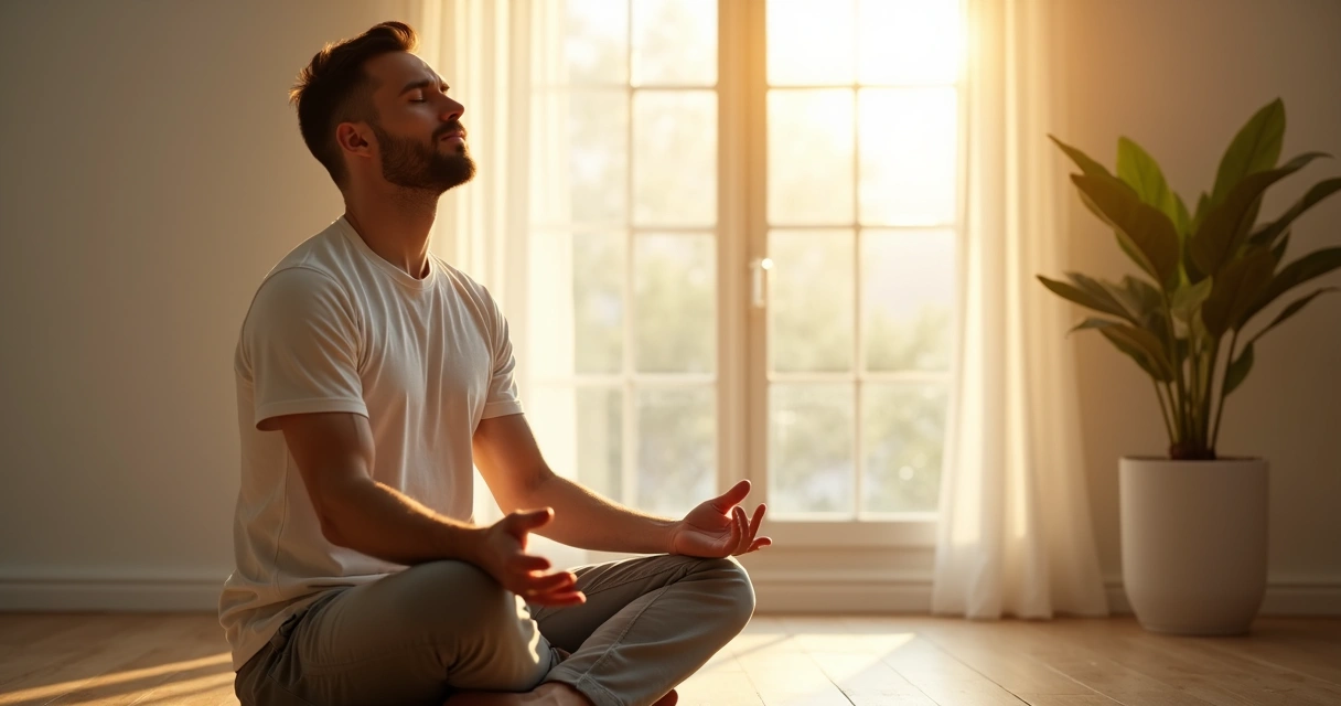 Man sits cross-legged, hands on knees, humming gently in a peaceful room