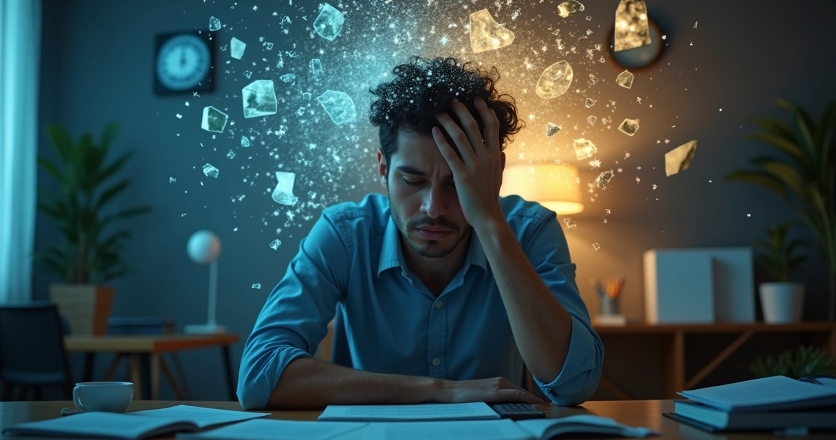 Person under stress with fragmented thoughts shown as broken glass reflections 