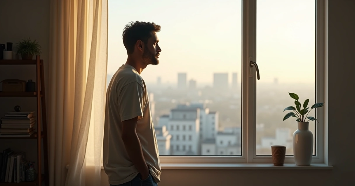 Man in casual clothes reflecting by a window, soft morning light, subtle cityscape background 