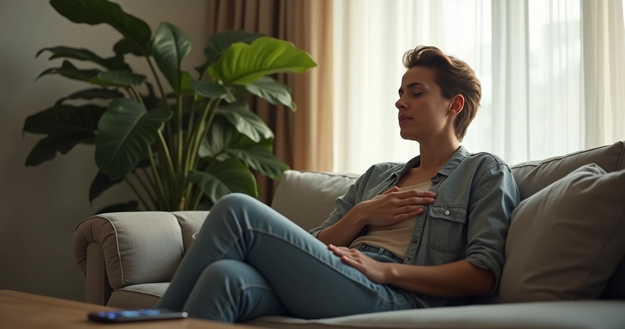 Person pausing with hand on heart and calm breath to interrupt emotional trigger 