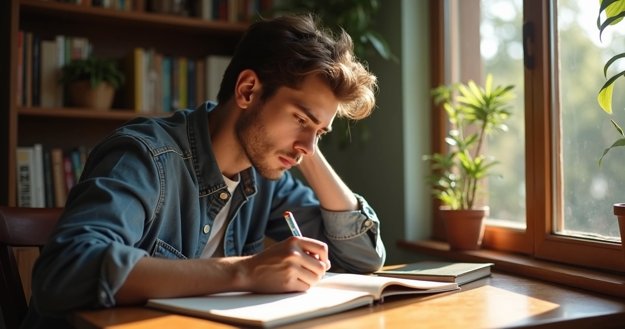 Man writing in journal by window 