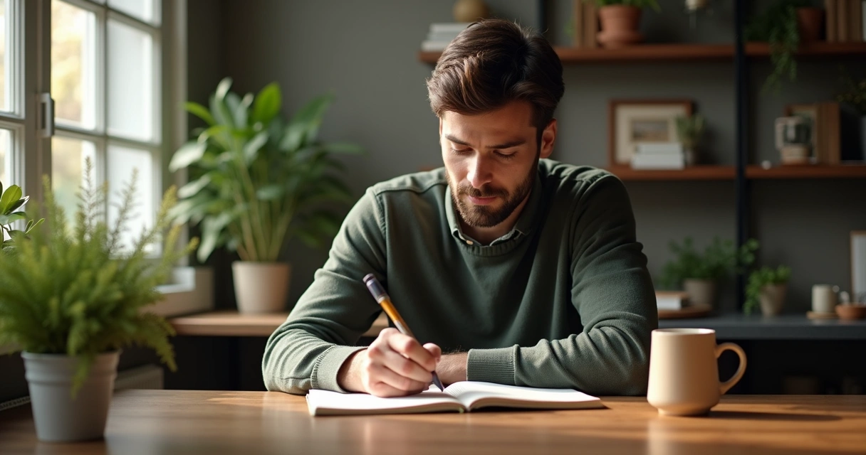 Man writing in journal on desk with calm expression