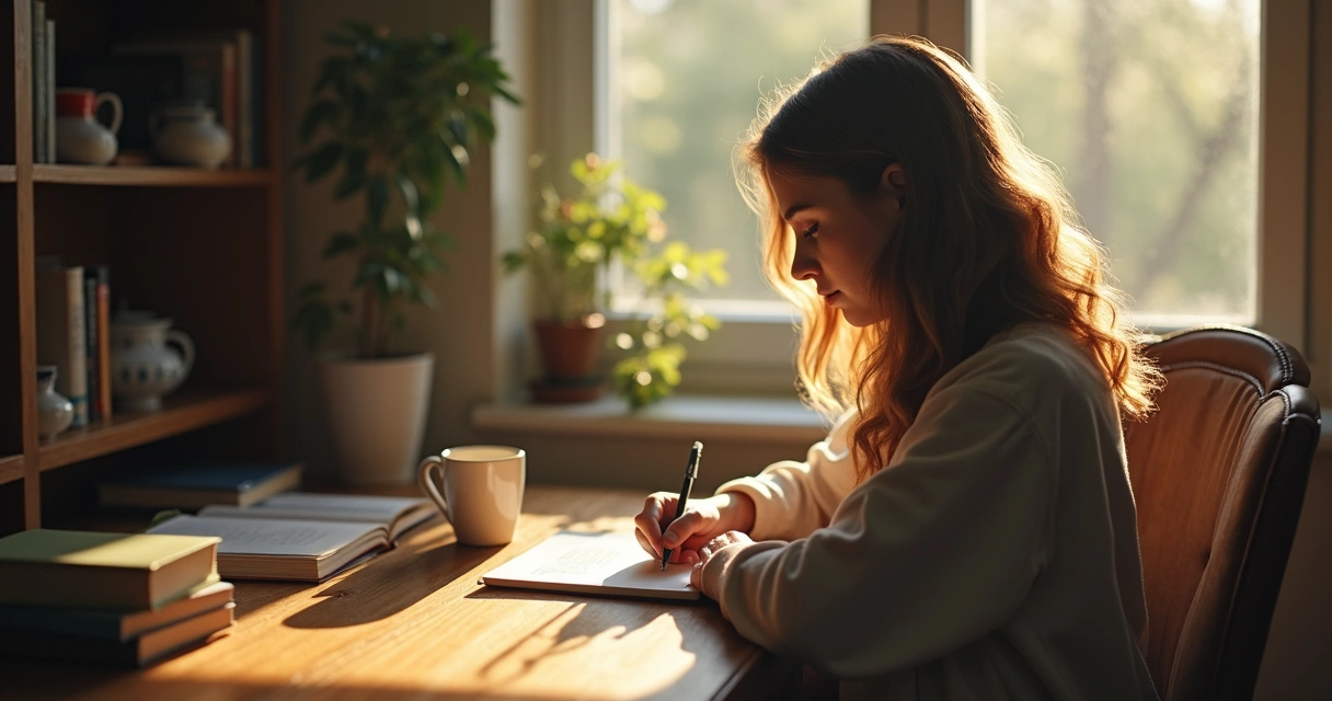 Person journaling while reflecting at a wooden desk