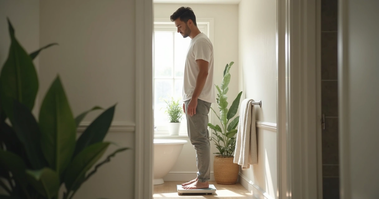 Man standing on scale, looking contemplative 