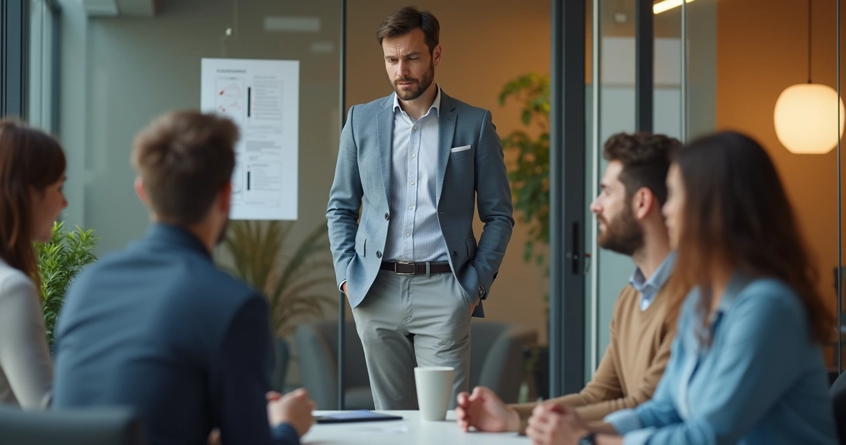 Man turning away from group conversation in an office