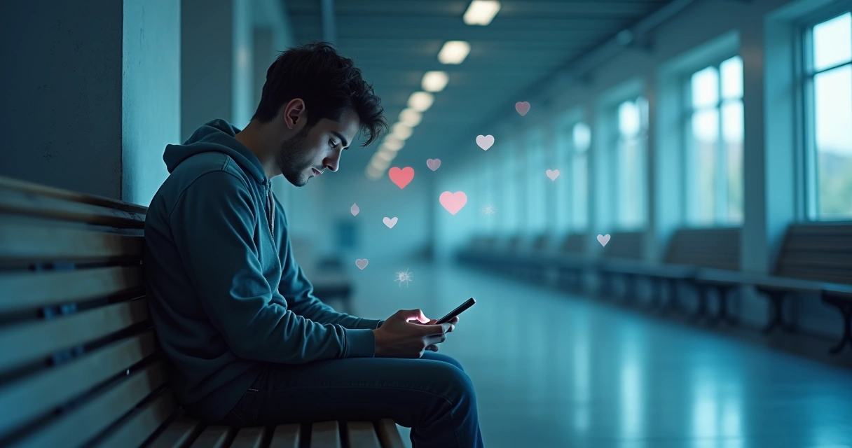 Man sitting and looking at his phone in contemplation 