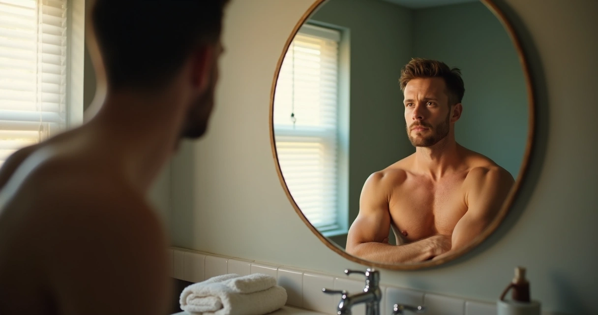 Man looking into a mirror, thoughtful expression 