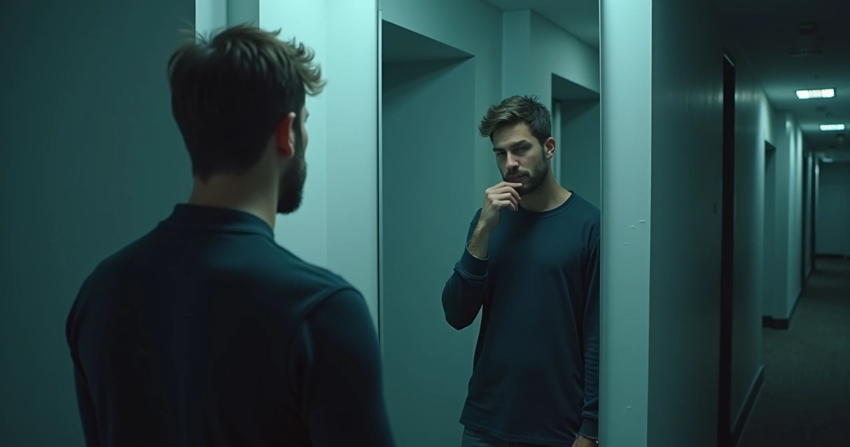 Man stands in front of a mirror in a long hallway, reflecting on his own face. 