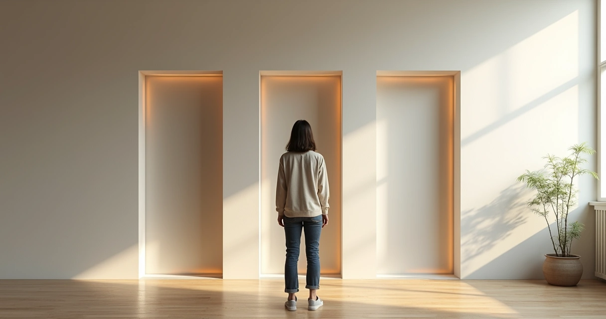 Person observing layered mirror frames revealing different inner reflections 