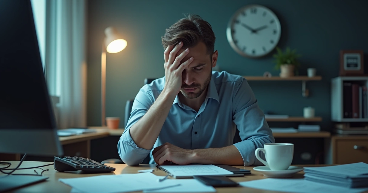Man looking tired at his desk surrounded by paperwork 