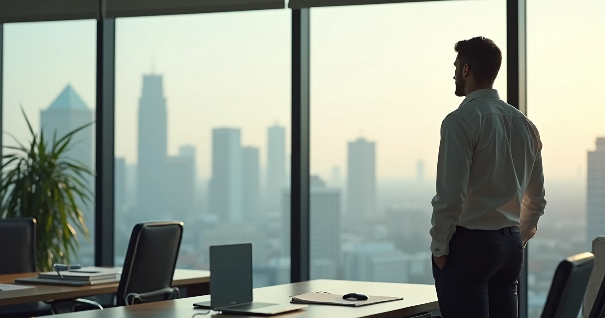 Man standing by office window reflecting during the workday 