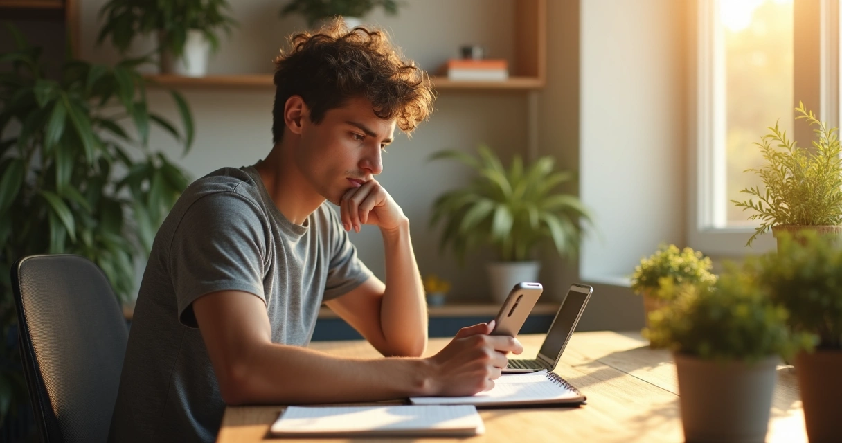 Man sitting at a desk deciding between notebook and phone 