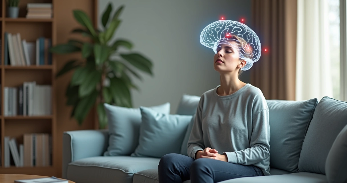 Person with highlighted brain calmly observing emotional trigger points 