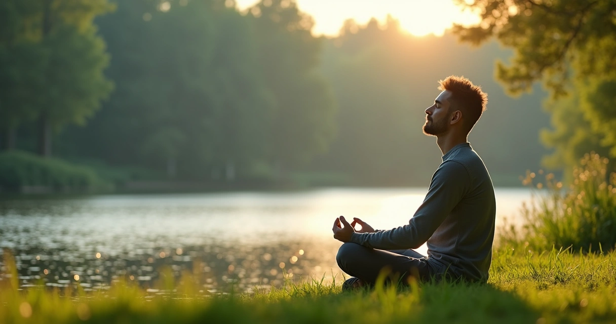 Man practicing meditation in a peaceful outdoor setting
