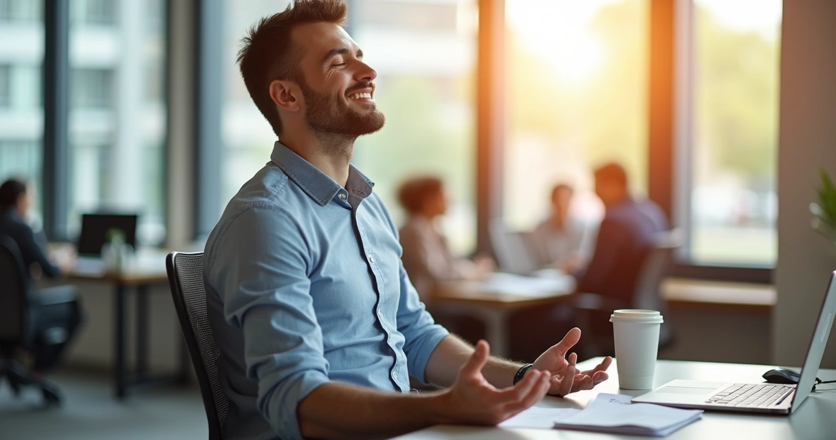 Man meditating at office desk with calm expression 