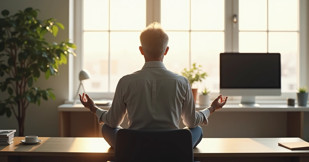 Person meditating at desk with soft light coming through window, workspace calm and organized 