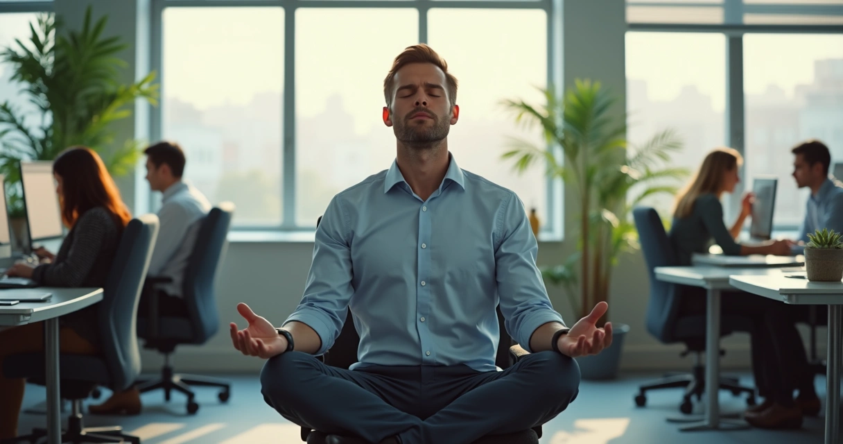 Man sitting on office chair meditating in a busy workspace 