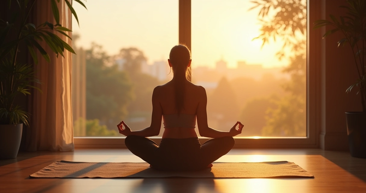 Man meditating on a yoga mat at sunrise by a window 