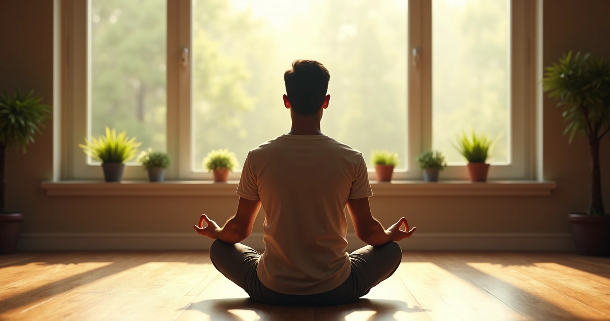 Man sitting on floor in meditation posture near window with soft morning light 