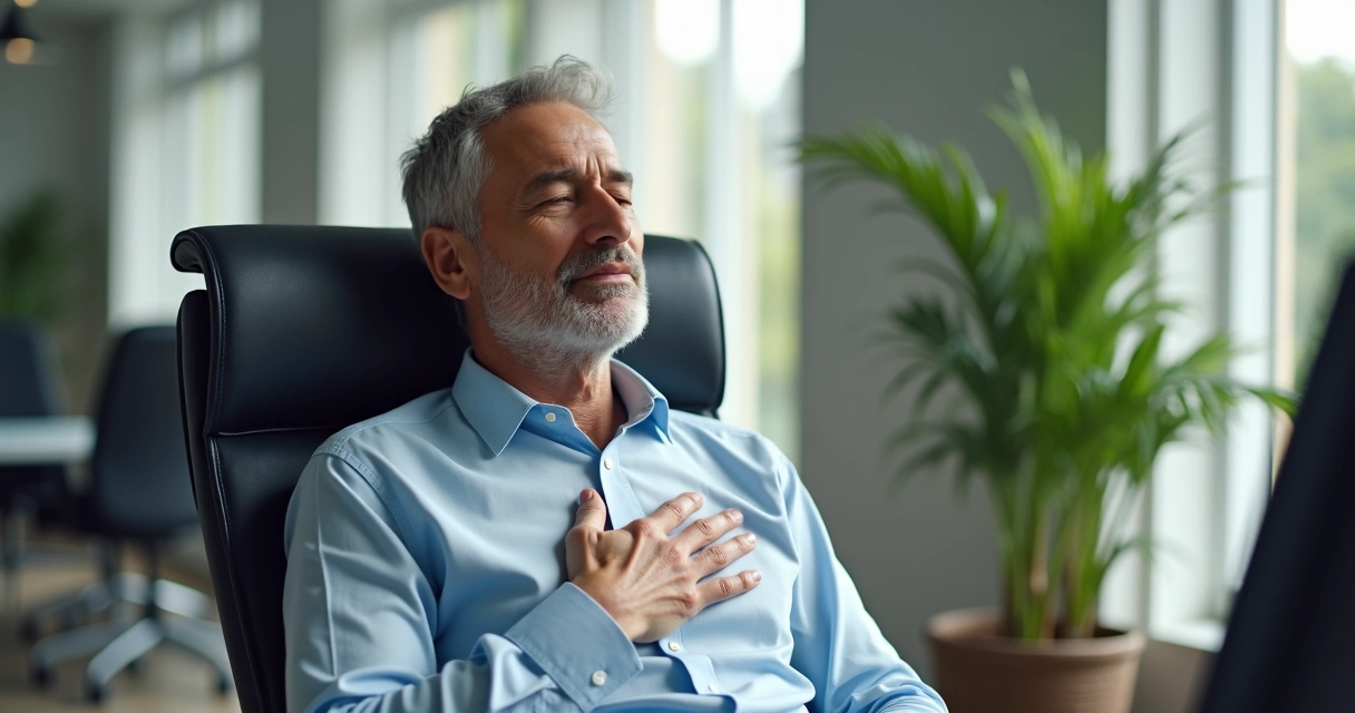 Man practicing mindful breathing in office chair