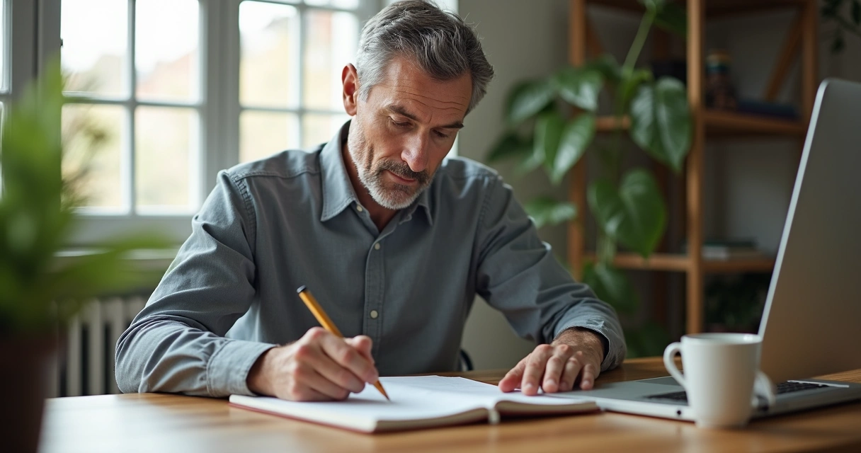 Man journaling emotions and sensations at desk 