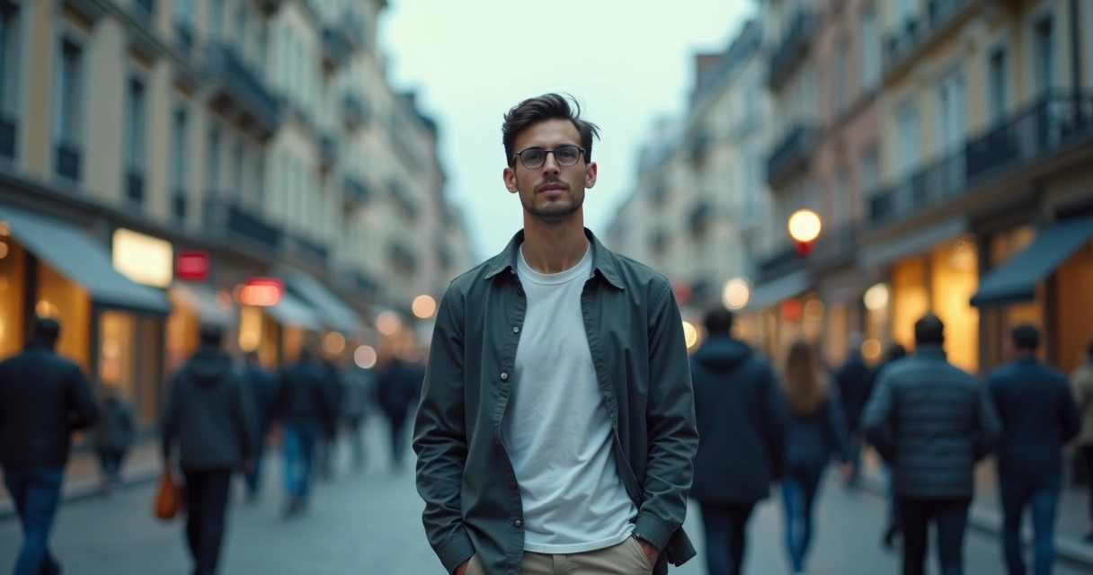 Man walking through busy city street with blurred crowd while a clear double-exposed version of himself observes thoughtfully 