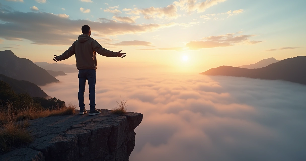Person standing on cliff edge looking at foggy valley and sunrise 