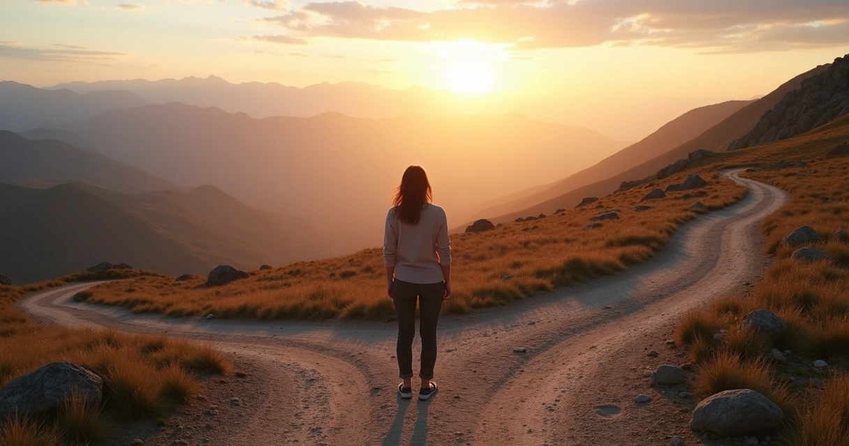 Person standing at a mountain crossroads at sunrise overlooking a valley 