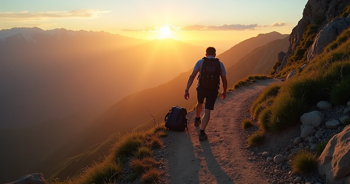 Person on mountain path standing up after a fall, looking toward sunrise 