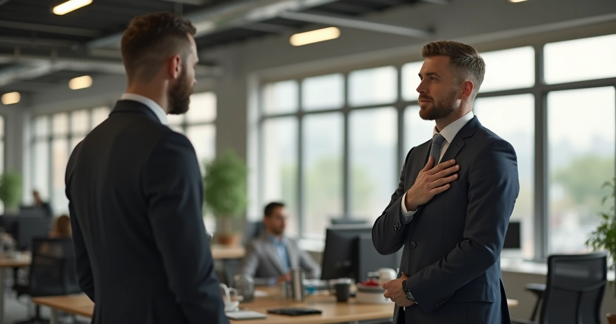 Man pausing in office during tense conversation 