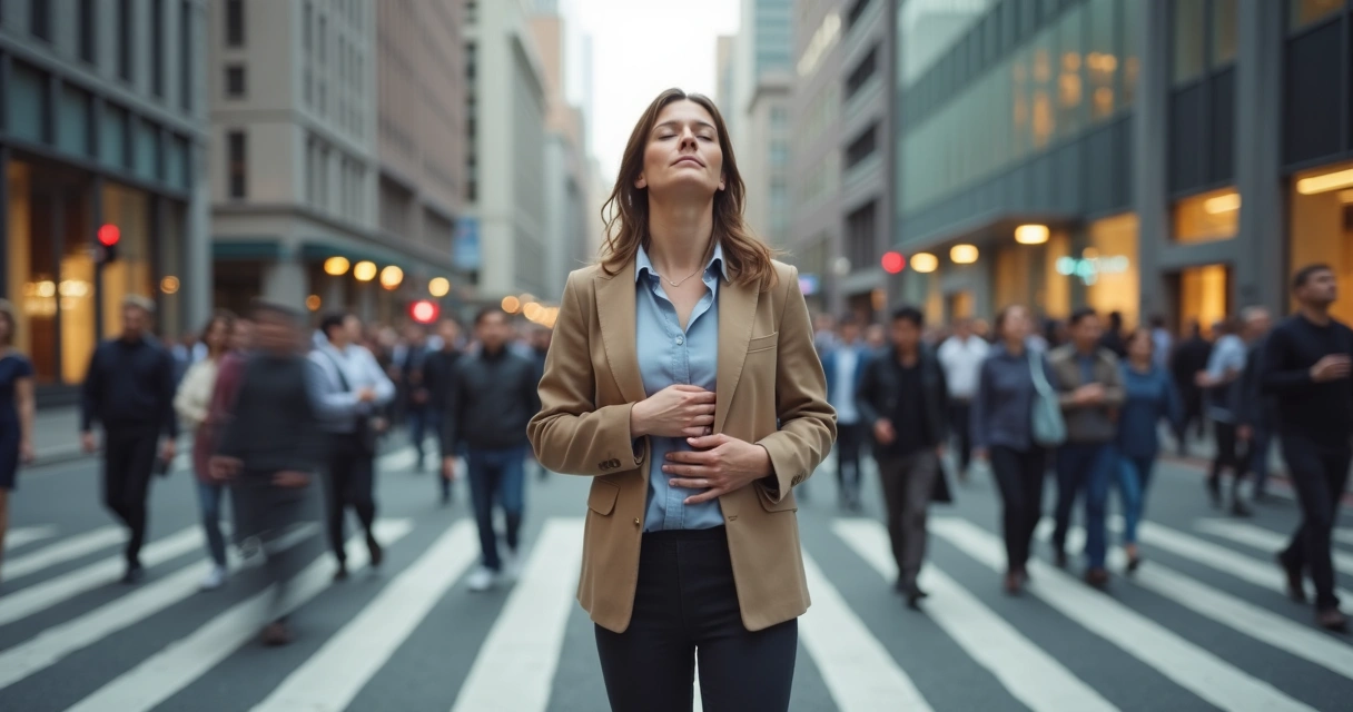 Person pausing to breathe calmly amid a busy city street 