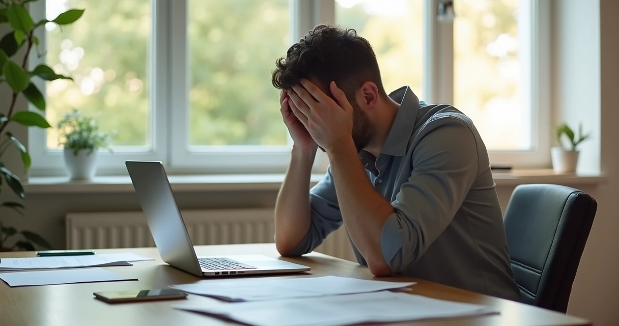 Man sitting at a desk, hands to head, pausing in stressful moment 