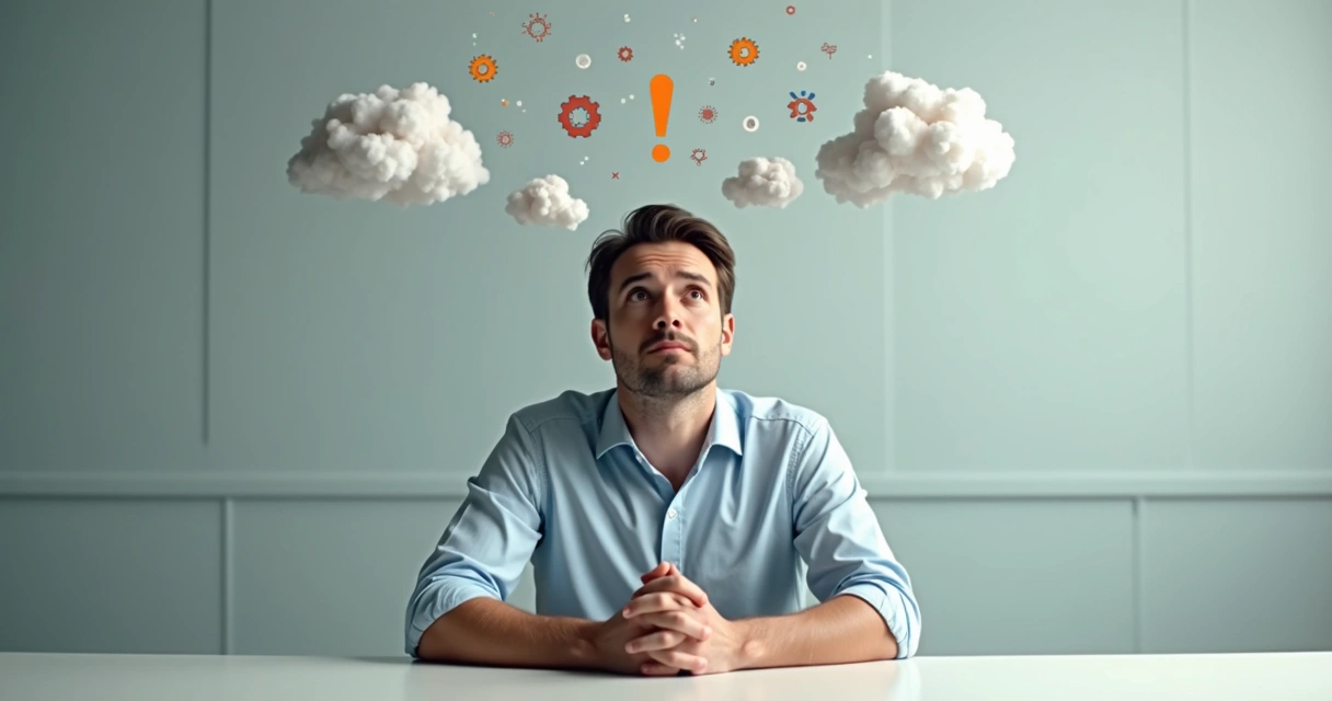 Man pausing and reflecting, thoughtful with abstract icons around the head 