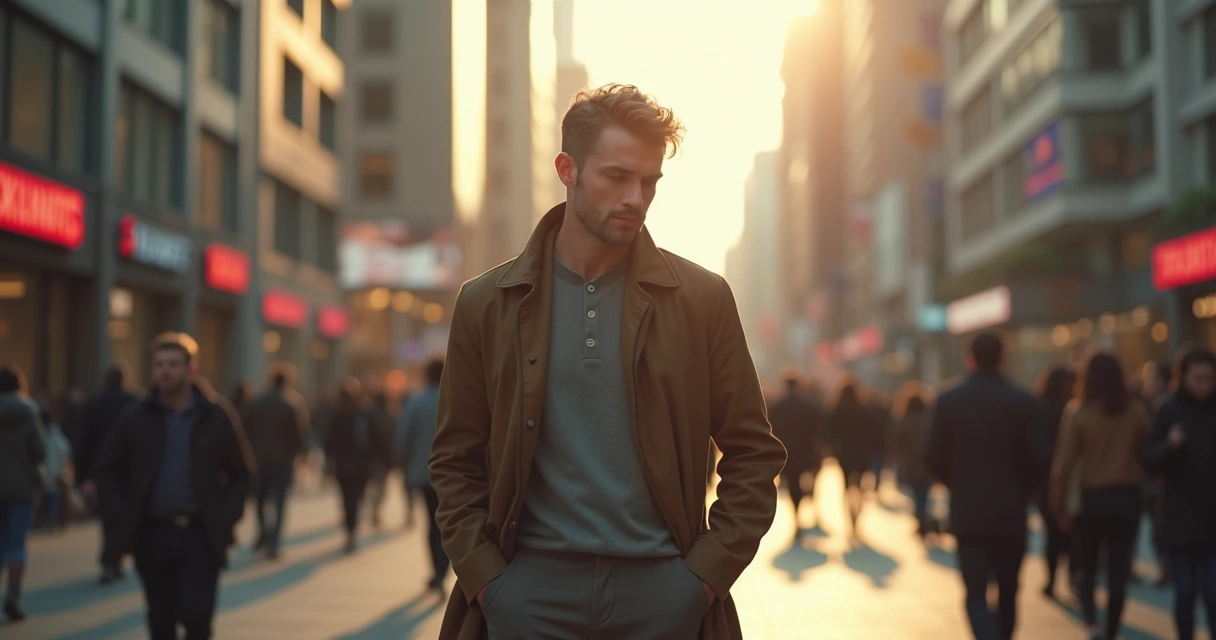 Man pausing in busy street reflecting quietly 