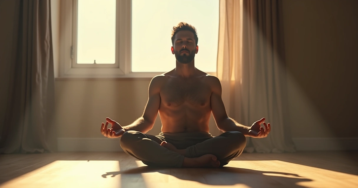 Man practicing breathing exercise, calm posture 